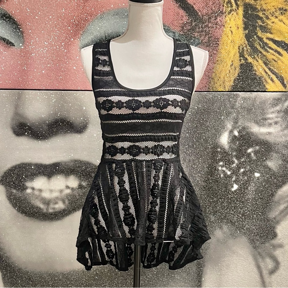 🖤 Black Lace Crochet Peplum Sleeveless Round Neck Top Sz S
